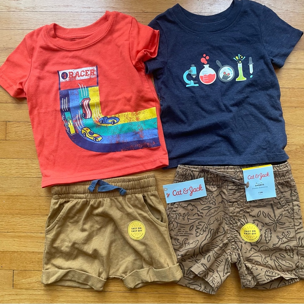 Cat & Jack Lot Boys 12 months Set Shorts Brown Dinosaur T Shirt Science PJs Tee
